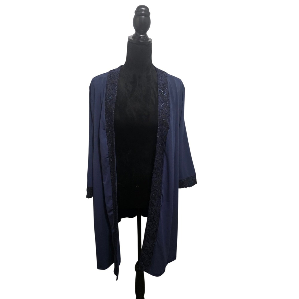 Catherines Womens 28W Navy Blue Lace Sequin Trim Open Front Longline Cardigan